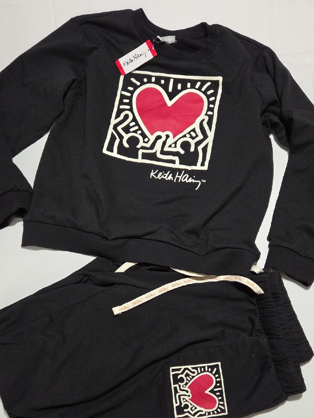Black Sweatshirt/Jogger Set with Cream Drawstring Detail